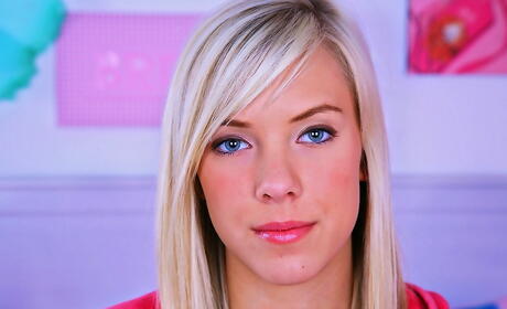 Rangy blonde young Britney Beth in lingerie shows big titties and bald pussy 