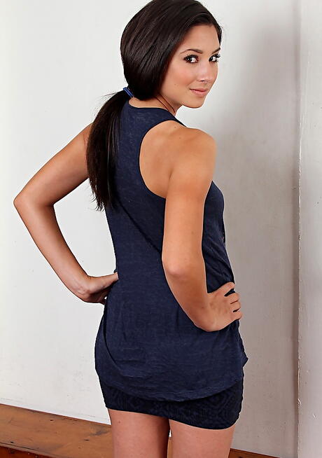 Very attractive brunette young Ryan Reese in sexy skirt bares big tits and pussy 