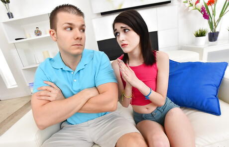 Hot american brunette teen Ivy Aura sucking deep big rod and takes a cumshot on face 