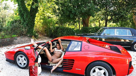 Hot asian cutie Danika showing big knockers and spreading her legs outside