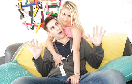 Gracile american blond youthful Marsha May in sexy shorts throating big shaft and takes a cum shot on her face 