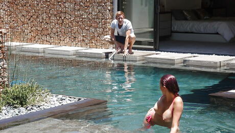 Adorable american red-haired milf Monique Alexander robbing on big cock and gets a cum blast in mouth near the pool