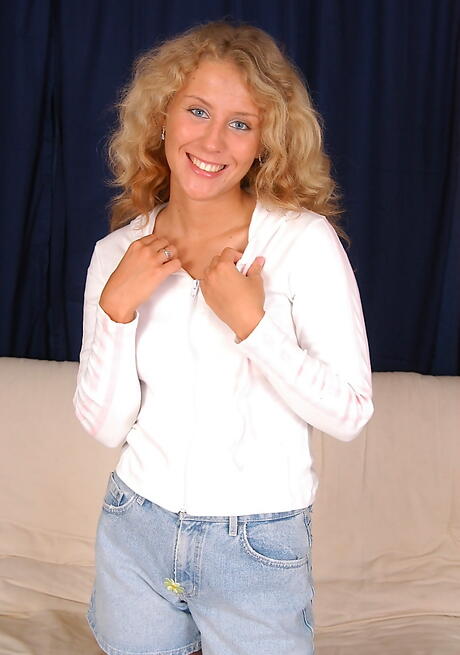 Sylphlike blond teen Lita in fancy shorts revealing her butt and vagina 