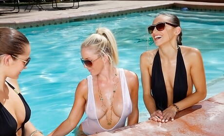 Superb babes Celeste Star, Dani Daniels and Ainsley Addison make some playful lesbian action outdoor