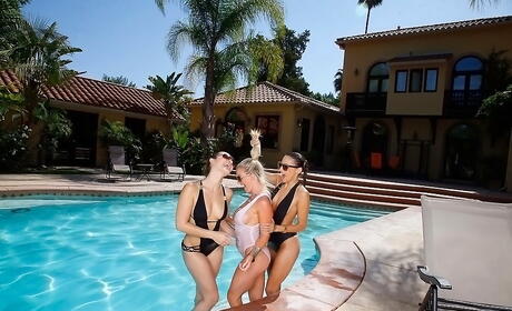 Superb babes Celeste Star, Dani Daniels and Ainsley Addison make some playful lesbian action outdoor