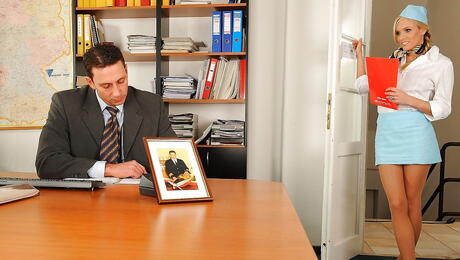 Sexy blonde bombshell Jenny in uniform outfit drilled in her bald pussy after hot cock suck 