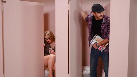 Very attractive american milf Sunny Lane in hose take in mouth huge cock and takes a hot cumshot in bathroom