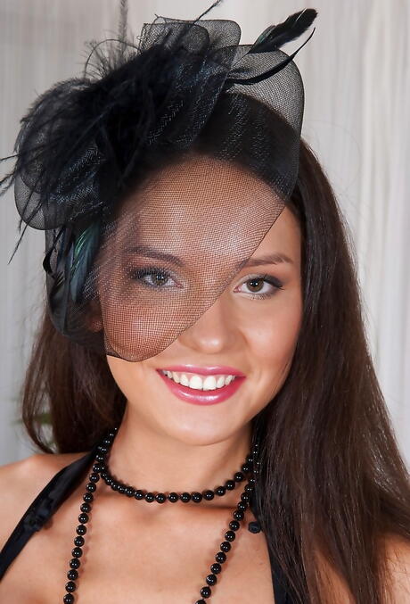 Very attractive russian brunette youthful Nataly Gold in hot stockings exposing her ass and bald pussy 