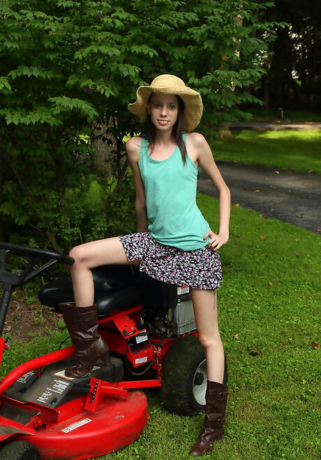 Very attractive american dark hair youthful Aria Haze in skirt exhibiting tiny tits and stuffing her pussy with a toy outdoor