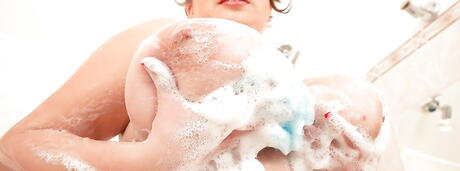 Stunning fatty Monica Love in sexy underwear exhibits big hooters and spreads her legs in shower