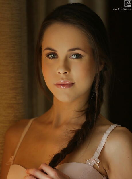 Gracile pornstar Abril Gerald in hot underwear exposing tiny tits and masturbating 