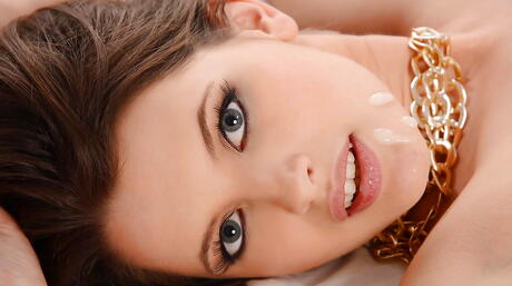 Superb dark hair Liona in sexy skirt sucking hot huge rod and takes a cumshot on face 