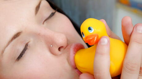 Slim teen Silver in hot undies denudes small tits and masturbates with dildo in bath