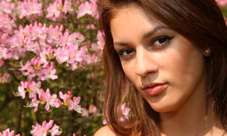 Rangy brunette cutie Becca A reveals tiny tits and spreads her legs outdoor