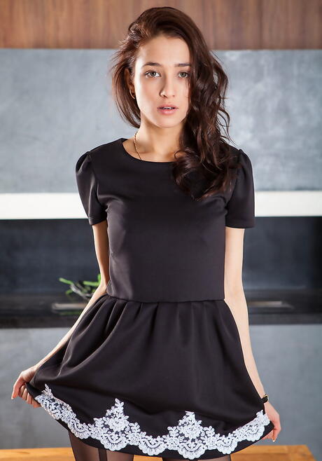 Slender brunette teen Sasha P in sexy underwear showing small tits and spreading her legs 