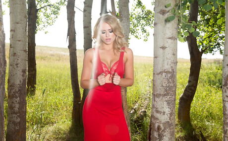 Sexy canadian blond Maya Rae in hot lingerie showing big titties and shaved pussy outdoor