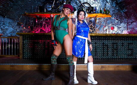 Sultry girls Christen Courtney and Rina Ellis in uniform outfit make some sensual lesbian action 