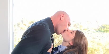 Stunning american teen Alice March in fancy skirt work on cock and enjoys a cum blast on face 