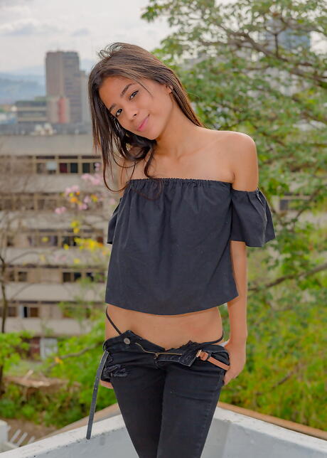 Gracile latina brunette youthful Karin Torres exposing tiny tits and jerking off outside