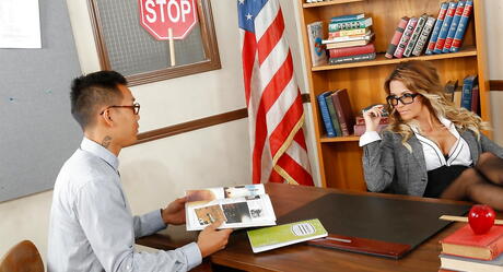 Peachy american blonde milf Jessica Drake gangbanged by many guys in office