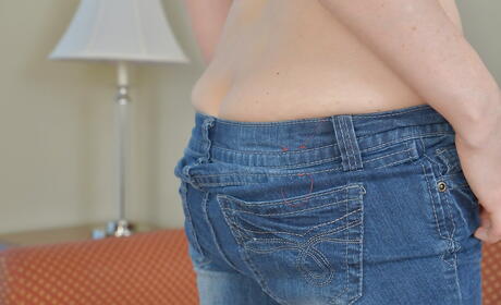 Glamorous canadian milf Stacy Ray in jeans exposes big hooters and shaved pussy 