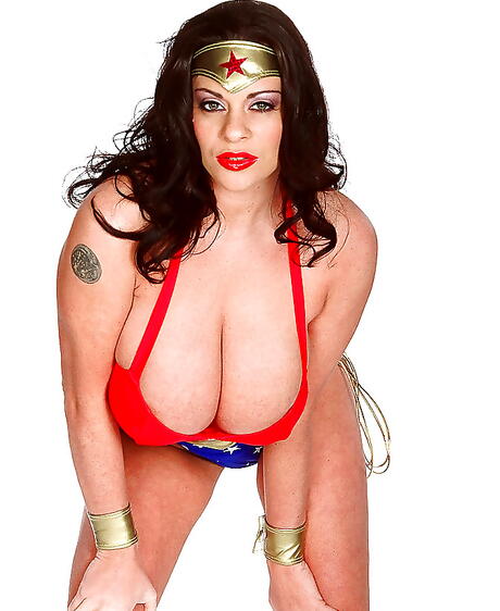 Excellent brittish milf Linsey Dawn Mckenzie in cosplay costume shows big tits and toys her twat 