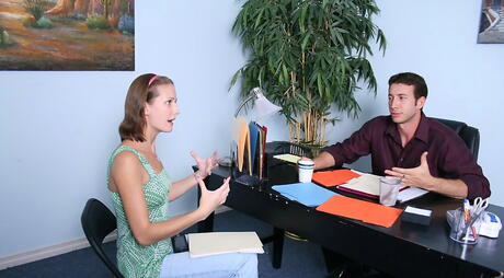 Very attractive women Tanya James and Holly West in hot threesome sex in office