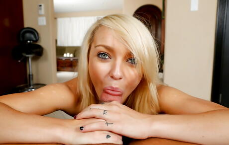 Slim american blonde youthful Carmen Callaway sucking hot cock and takes a messy cumshot 