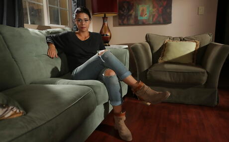 Svelte asian brunette hottie Dana Vespoli in jeans denudes small tits and spreads her legs 