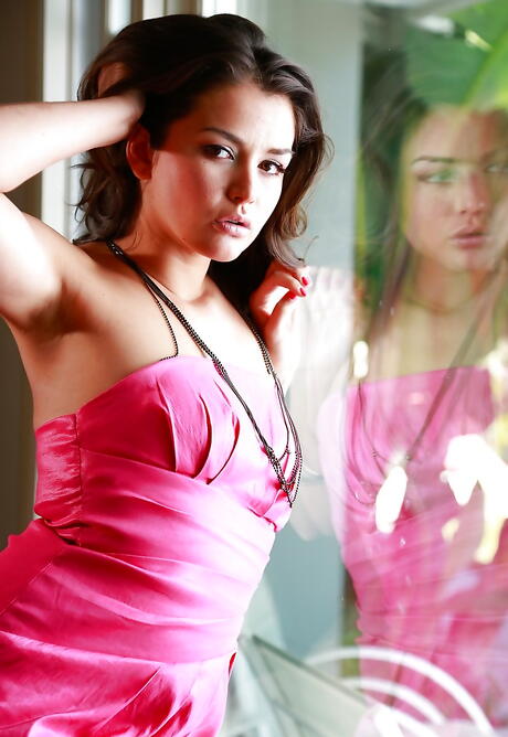 Svelte american brunette milf India Summer in skirt shows small tits and hairy pussy 