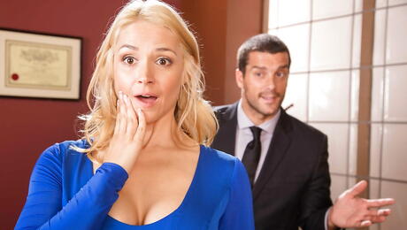 Inviting american blonde milf Sarah Vandella in underwear well sucking rod and takes a messy cumshot in office