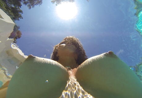 Curious women Celeste Star, Malena Morgan and Teal Conrad licking tight pussies during hot lesbian sex at pool