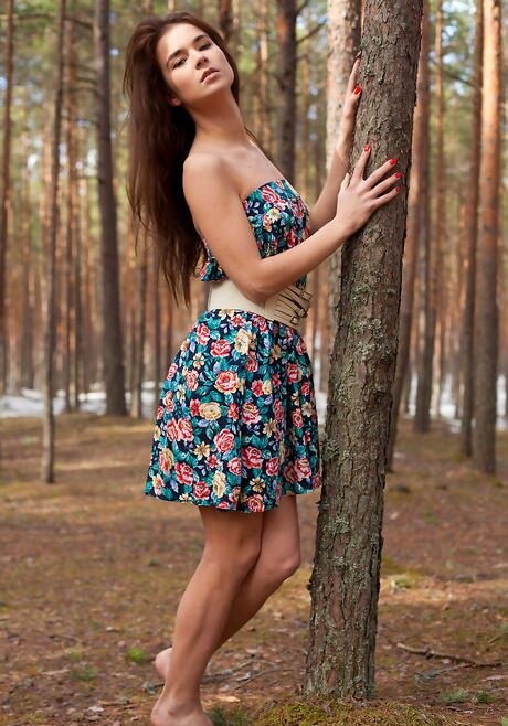 Very attractive dark-haired teen Lachia A in sexy skirt uncovering tiny tits and spreading her legs outside