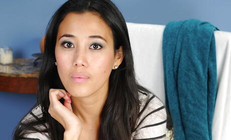 Slim milf Sasha Ming in hot undies reveals tiny tits and spreads her legs 