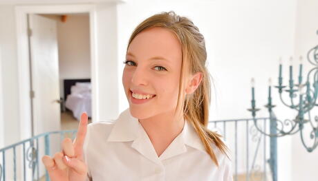 Sexy american blond teen Aubrey Star exposing tiny tits and bald pussy 