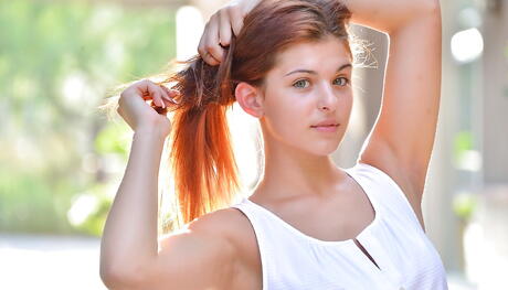 Excellent american redhead young Leah Gotti exhibiting big boobs and sissy outside