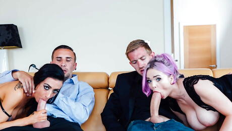 Sultry girls Jasmine James and Skyler Mckay enjoy amazing group sex outdoor