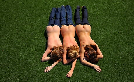 Sultry girls Brett Rossi, Dani Daniels and Emily Addison have lesbian sex outdoor