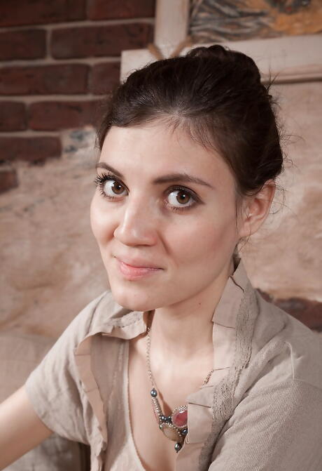 Slender russian brunette Maia exposes tiny tits and spreads her legs 