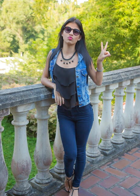 Slim venezuelan brunette teen Denisse Gomez reveals big hooters and sexy ass outside