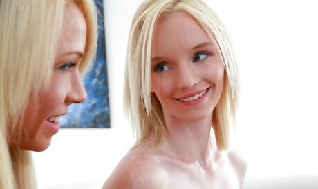 Foxy beauties Katerina Kay and Sammie Daniels in shorts licking wet pussies during hot lesbian sex 