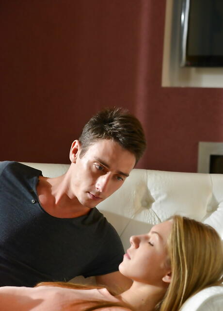 Foxy blond young Anjelica in hot panties sucking hot cock and enjoys a cum blast on face 