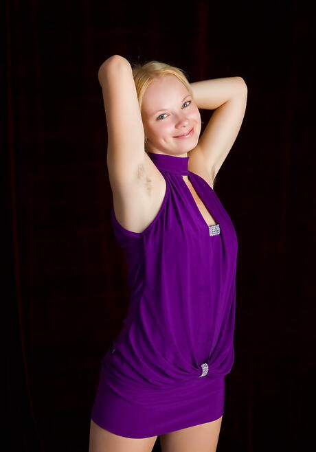 Svelte blond teen Feeona A revealing tiny tits and hairy pussy 