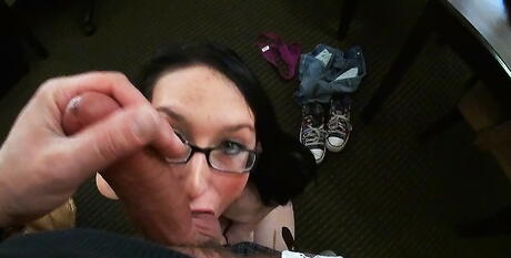 Sylphlike teen Violet in glasses well sucking big dick and takes a cum shot in her mouth 