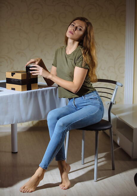 Hot youthful Mary Kalisy in tight jeans in strange fetish gallery 