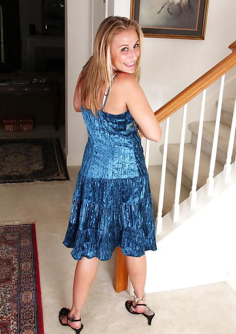 Hot blonde mature Sky reveals her ass in skirt and masturbating 