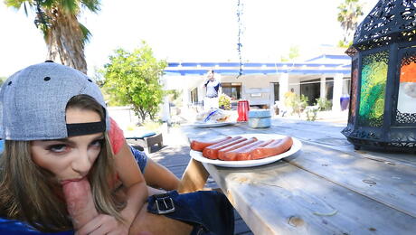 Svelte american youthful Kimmy Granger sucking on dick and enjoys a cum shot on face outdoor