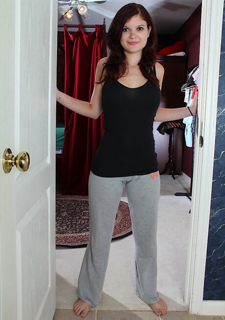 Stunning brunette young Lucy exhibits big tits and pussy 