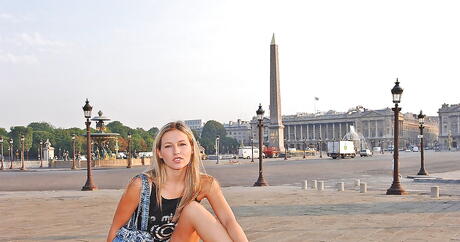 Sultry russian blonde milf Cherry Jul in nice skirt exposes her butt and spreads her legs outdoor