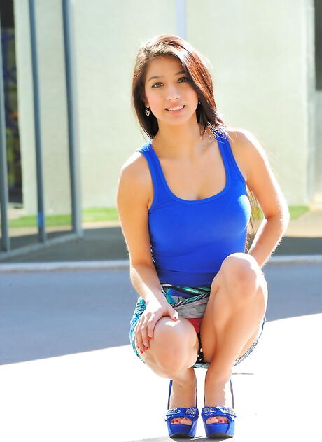 Svelte american dark hair youthful Megan Salinas reveals big hooters and shaved pussy outdoor